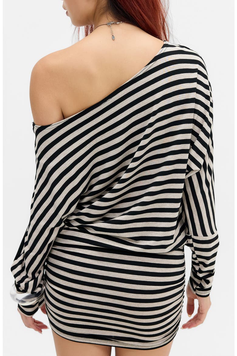 Destiny Stripe Off the Shoulder Minidress, Alternate, color, GREY STRIPE