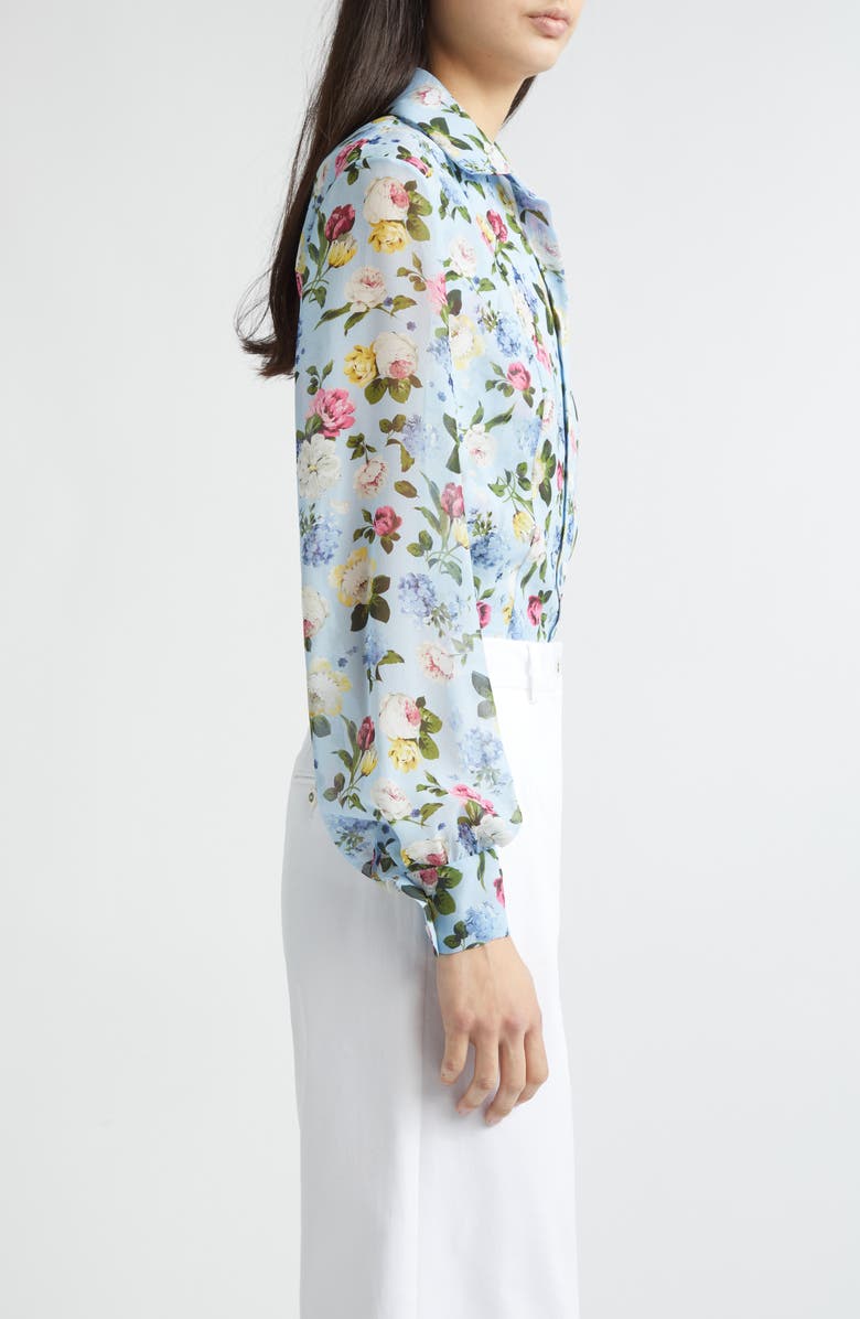 Carolina Herrera Isabella Floral Silk Crepe Button-Up Shirt, Alternate, color, Cloudy Blue Multi