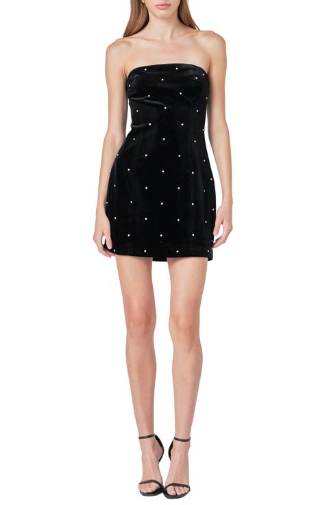 Rhinestone Detail Strapless Velvet Minidress