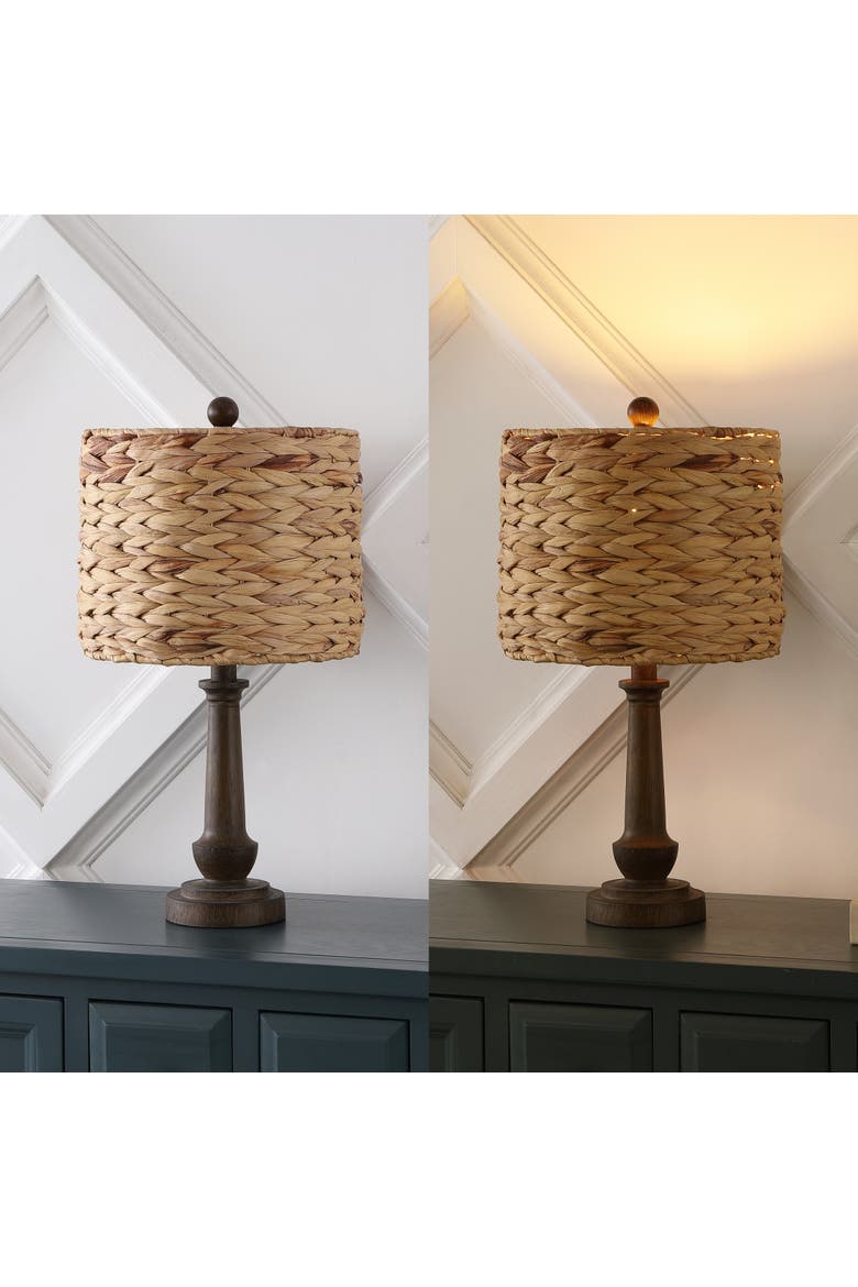 Leona 21.25" Rustic Farmhouse Handwoven Water Hyacinth/Resin LED Table Lamp, Brown Wood Finish, Alternate, color, Brown Wood Finish