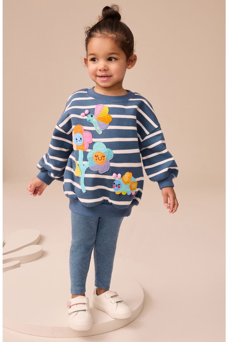 Kids' Stripe Floral Appliqué Graphic Sweatshirt & Rib Leggings Set, Alternate, color, BLUE