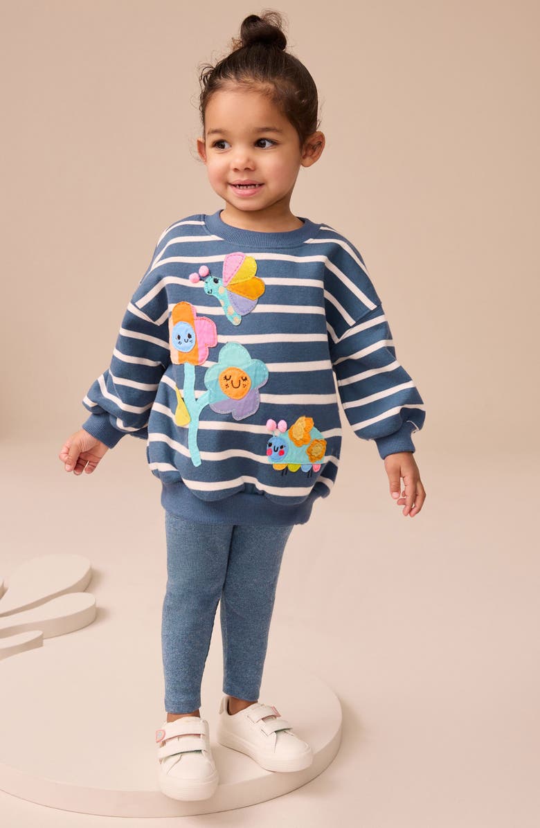 NEXT Kids' Stripe Floral Appliqué Graphic Sweatshirt & Rib Leggings Set, Alternate, color, Blue