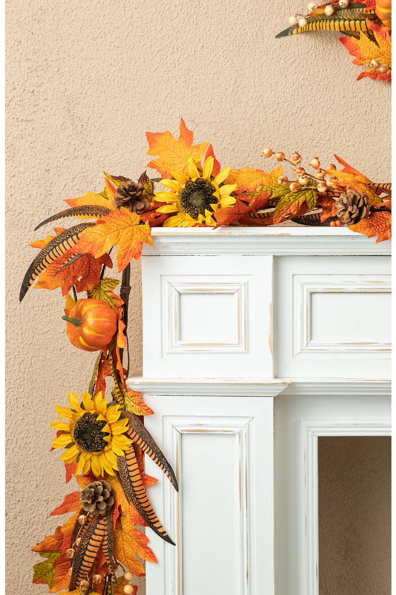 6ft Fall Maple Leaf and Sunflower Garland, Alternate, color, Orange