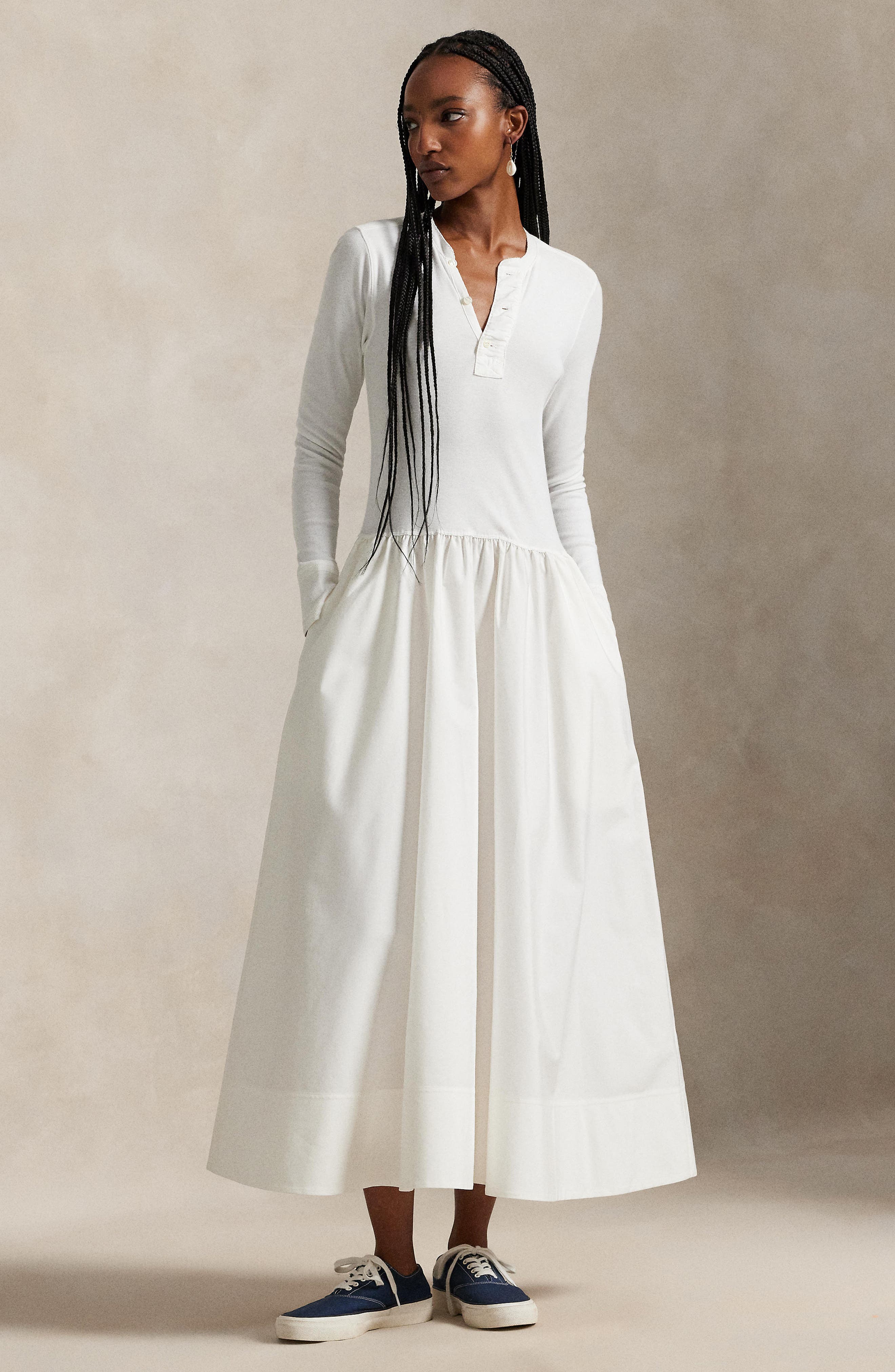 ribbed henley midi dress Long Sleeve Mixed Media Henley Midi Dress (Women)
