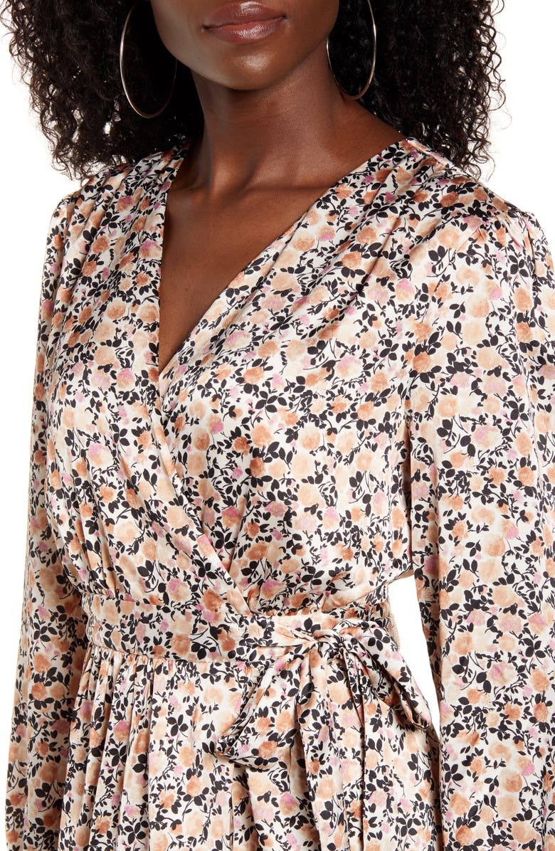 Leith Floral Ditsy Long Sleeve Satin Wrap Dress, Alternate, color, 