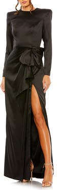 Mac Duggal Long Sleeve Structured Bow Draped Column Gown