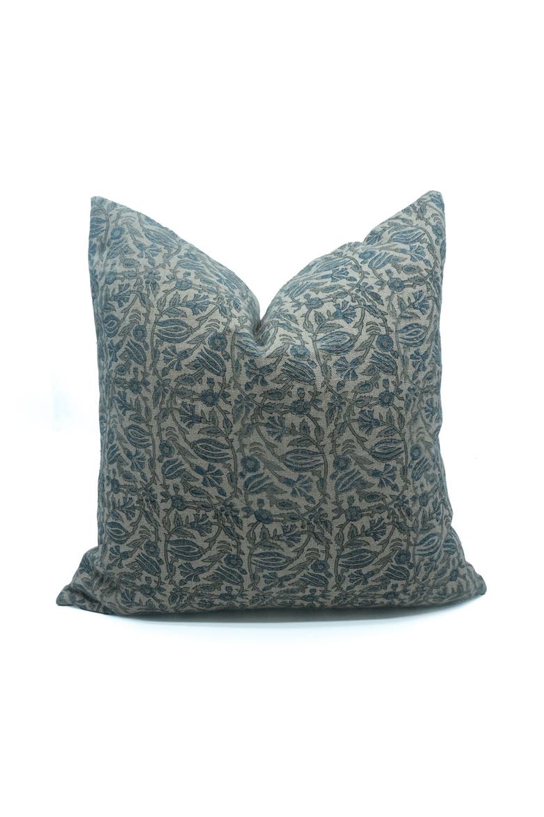 Manjusha Floral Block Printed Thick Linen Cushion Cover, Main, color, Blue