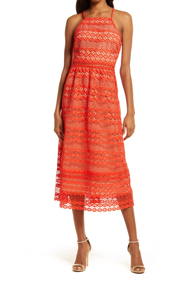 Alani Crochet Lace Midi Dress, Main, color, MANDARIN RED