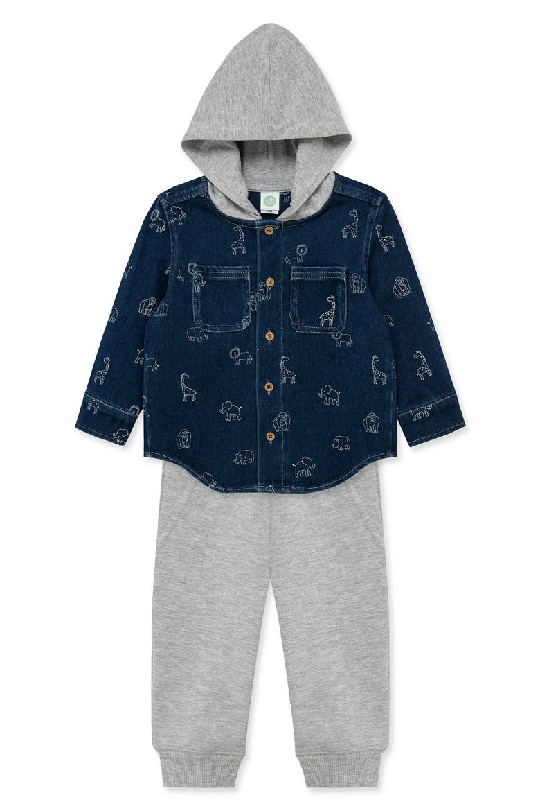 Kids' Safari Animal Print Hooded Shirt & Pants Set, Alternate, color, DENIM