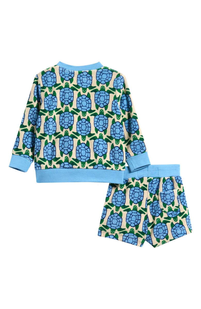Mini Boden Turtle Print Cotton Blend French Terry Sweatshirt & Shorts Set, Alternate, color, Blue Geo Turtles