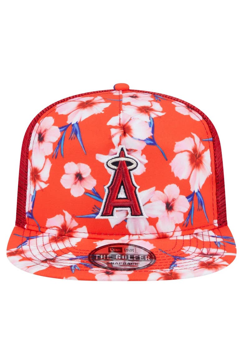 Men's New Era Red Los Angeles Angels Adventure Pattern Golfer Trucker Snapback Hat, Alternate, color, Red