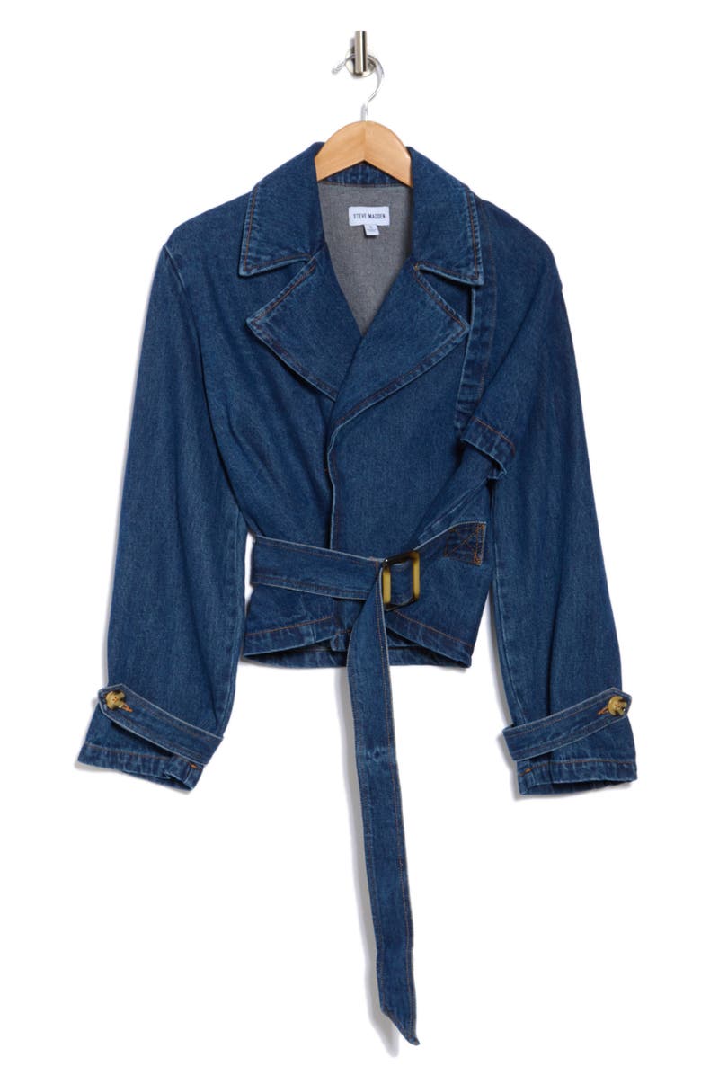 Steve Madden Belted Crop Trench Denim Jacket, Alternate, color,