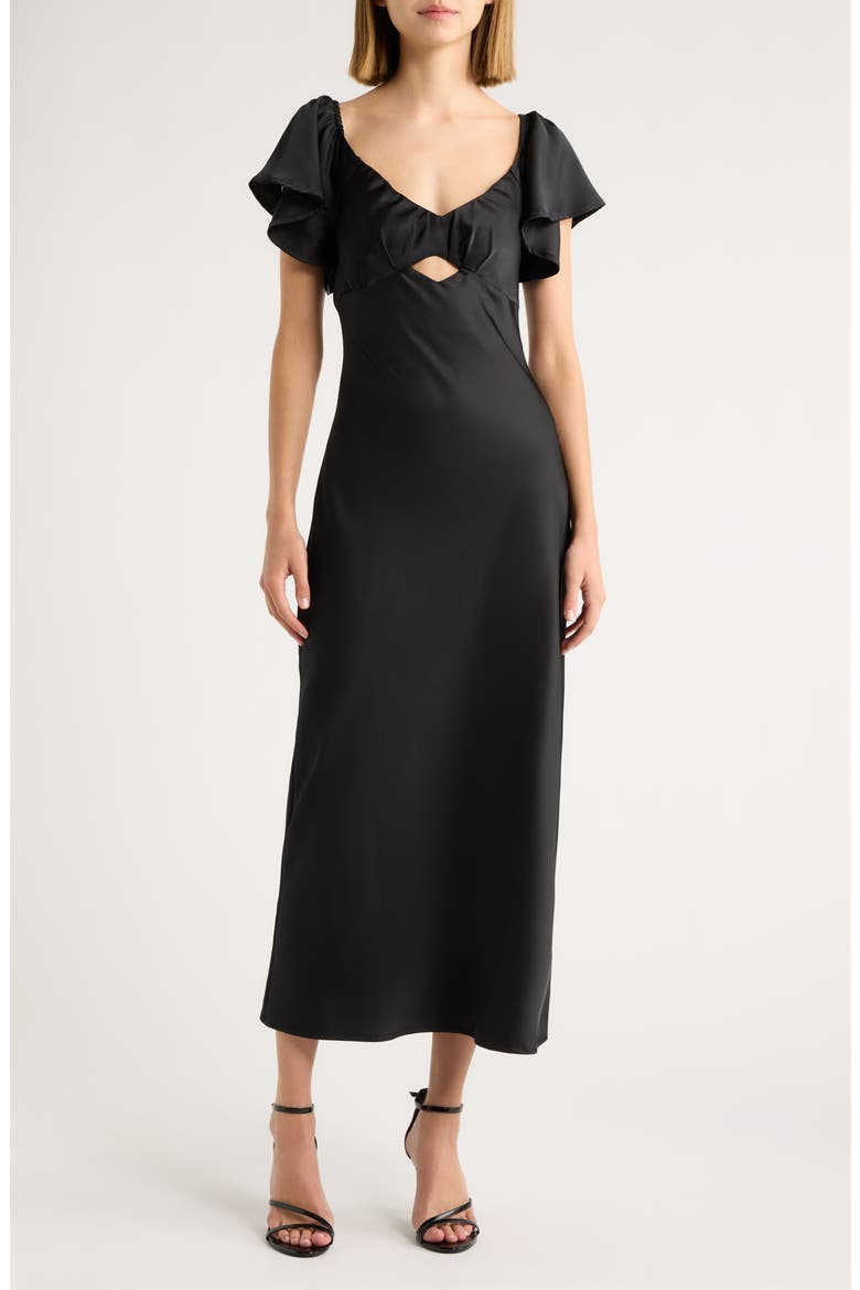 Blake Satin Cutout Midi Dress, Main, color, BLACK