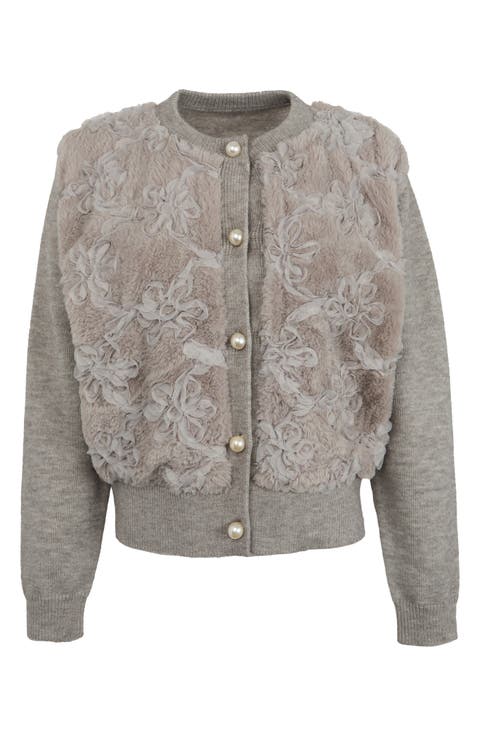 Flower Faux Fur Velour Cardigan