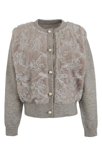 Saachi Flower Faux Fur Velour Cardigan In Gray