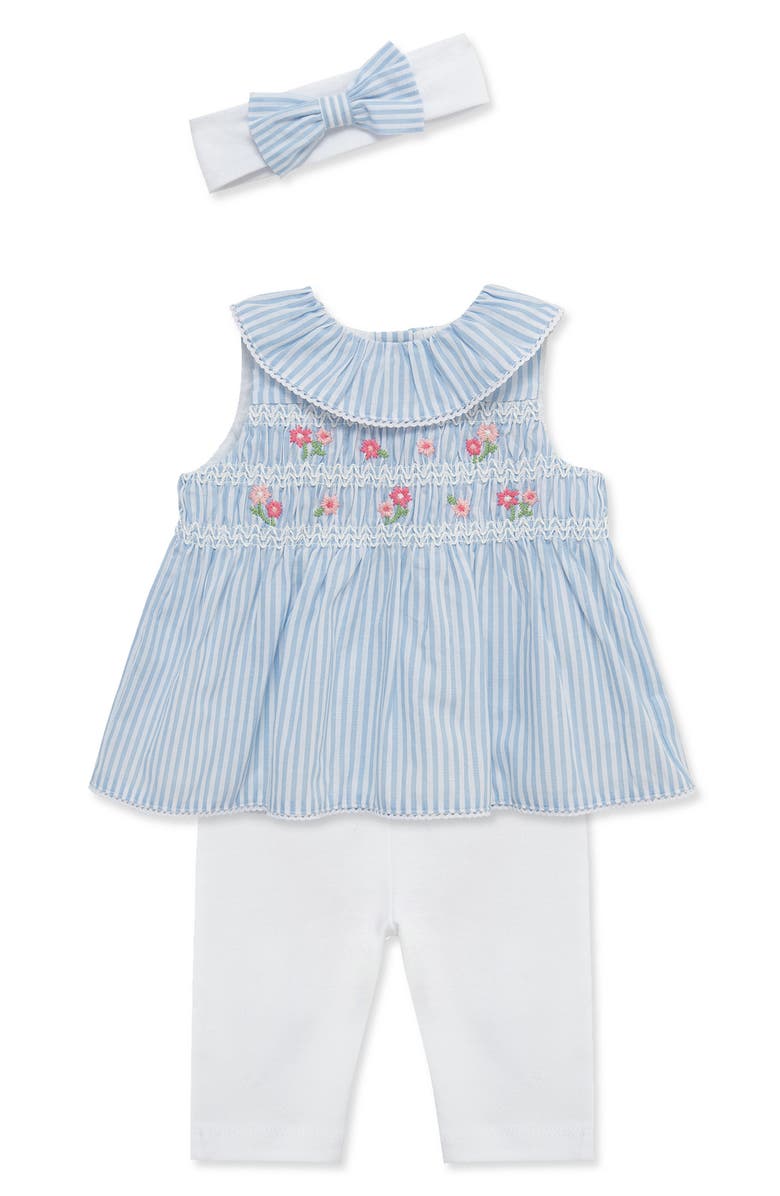 Little Me Floral Smocked Tunic, Leggings & Headband Set, Alternate, color, Blue/ White