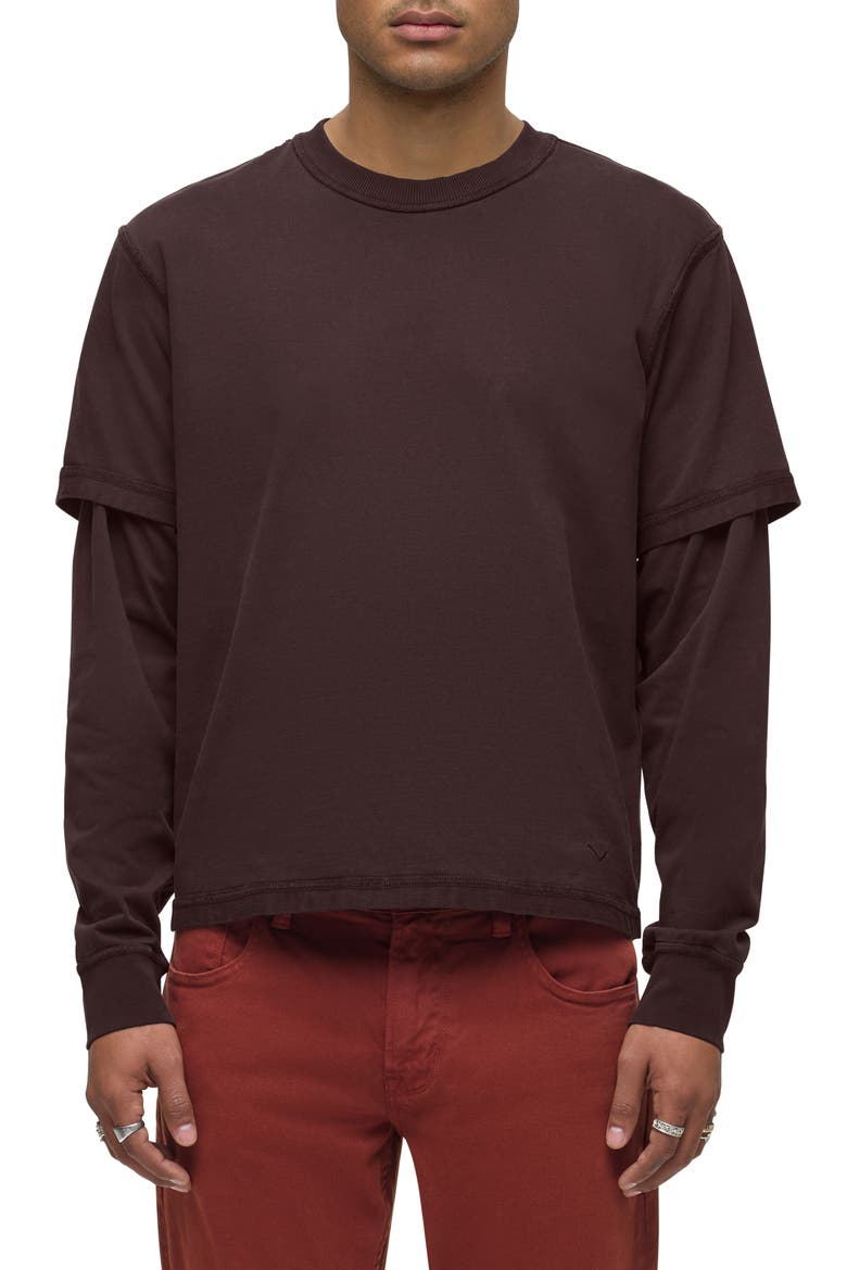 Hybrid Layered Long Sleeve Cotton T-Shirt, Main, color, RICH BROWN