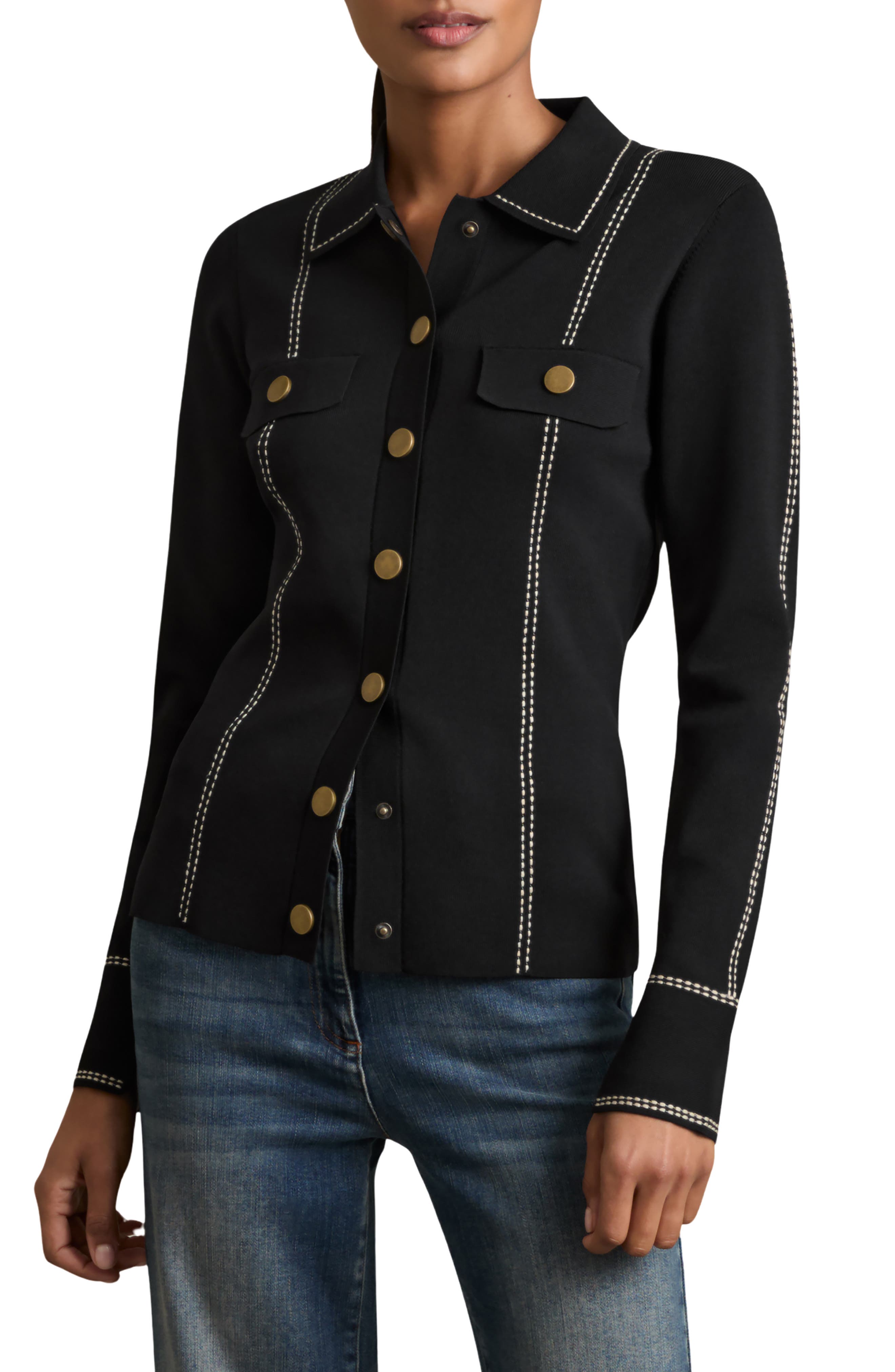Reiss Eden Compact Knit Topstiched Press Stud Top