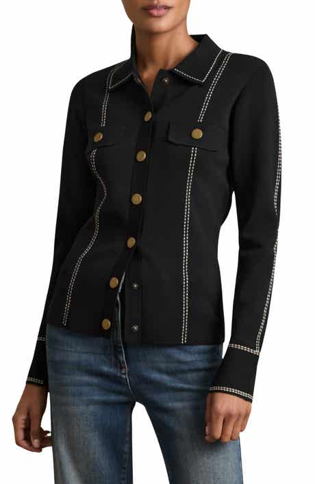 Reiss Eden Compact Knit Topstiched Press Stud Top
