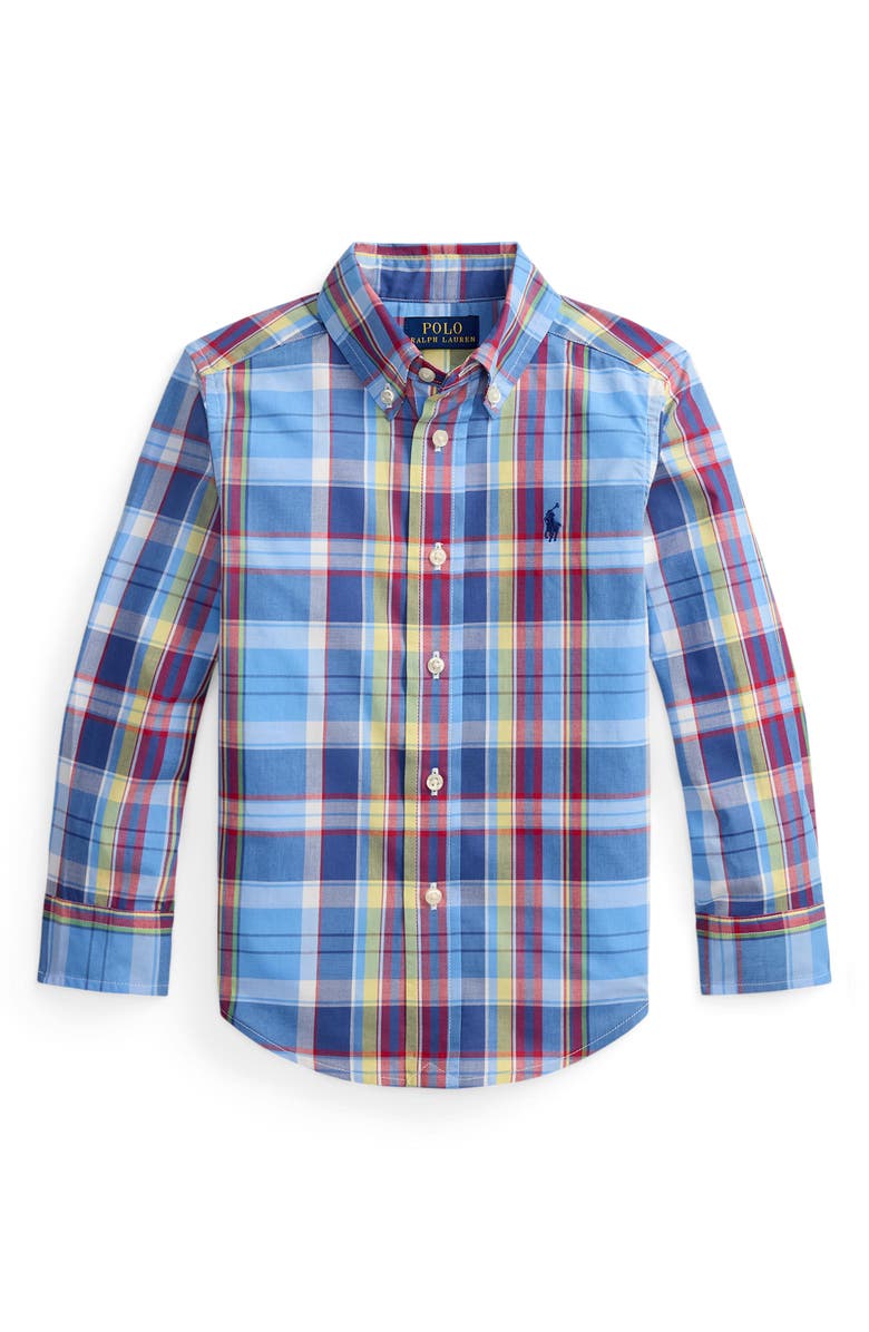 Polo Ralph Lauren Kids' Plaid Cotton Poplin Button-Down Shirt, Main, color, Blue Red Multi