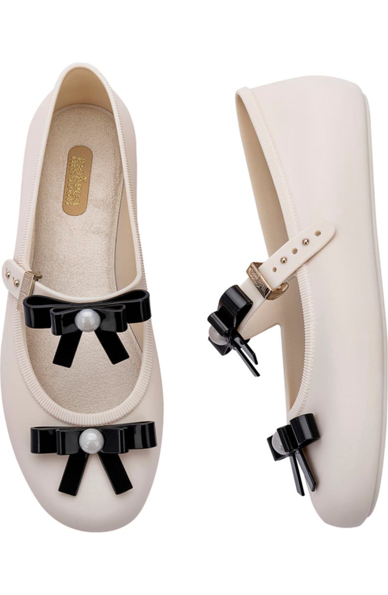 Melissa Soft Ballerina Bow Mary Jane Flat, Alternate, color, Beige/ Black