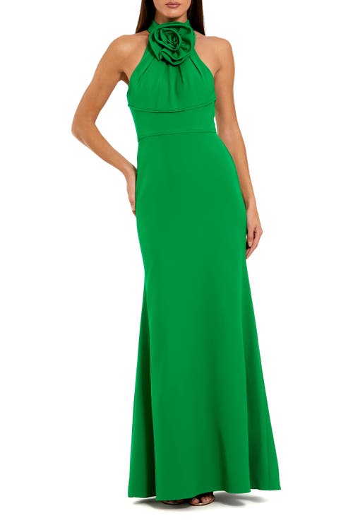 Mac Duggal Flower Halter Neck Crepe Column Sleeveless Gown In Green
