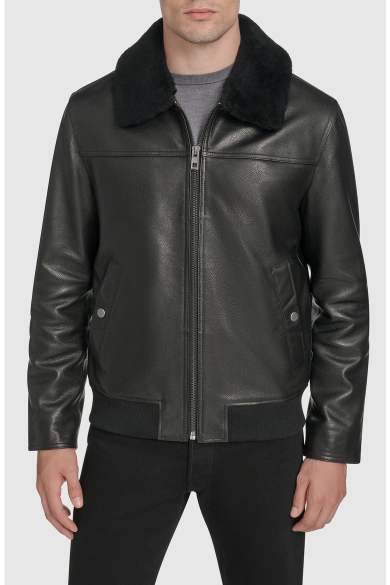 Leather Aviator Jacket with Removable Genuine Shearling Collar, Main, color, BLACK