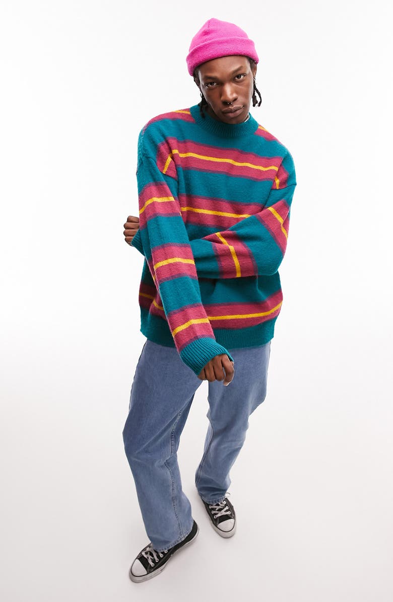 Topman Stripe Oversize Crewneck Sweater, Alternate, color, 