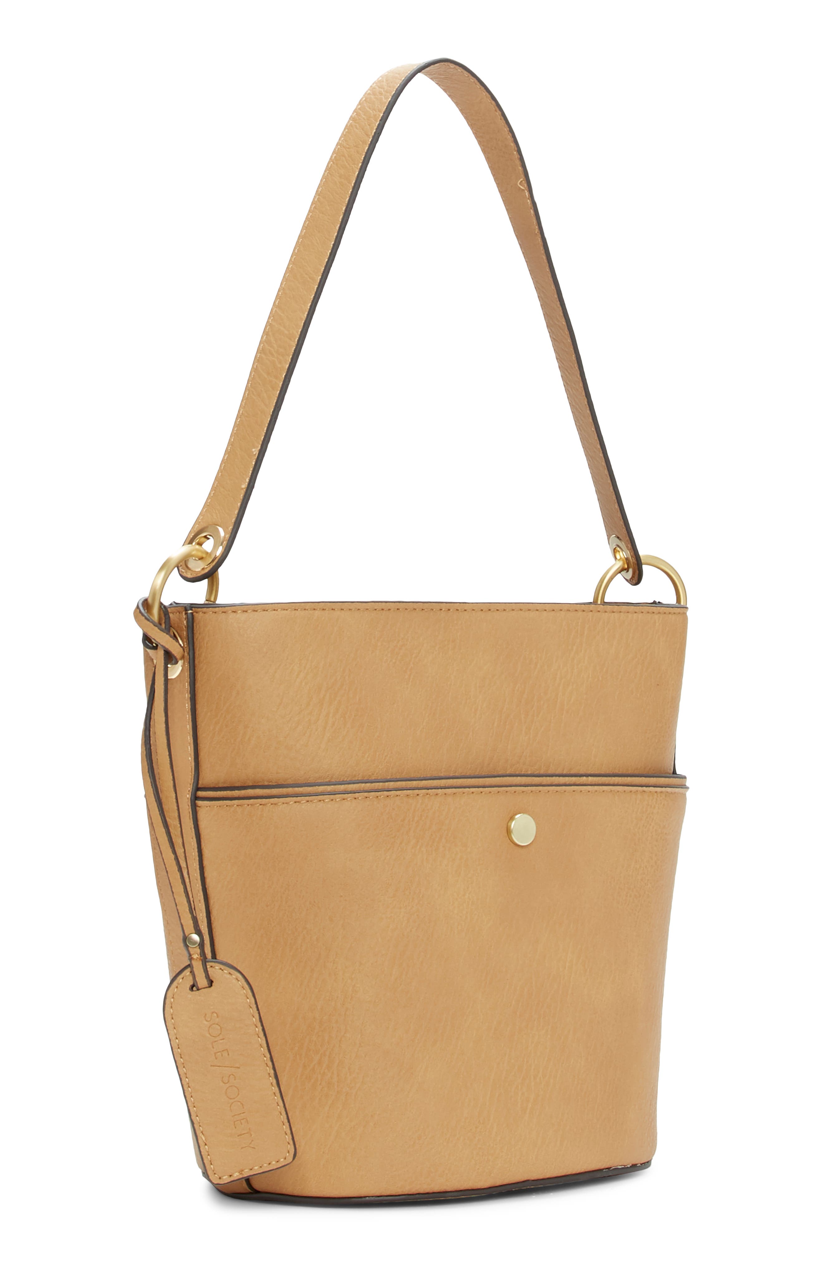 Faux Leather Bucket Bag, Main, color, DARK CAMEL