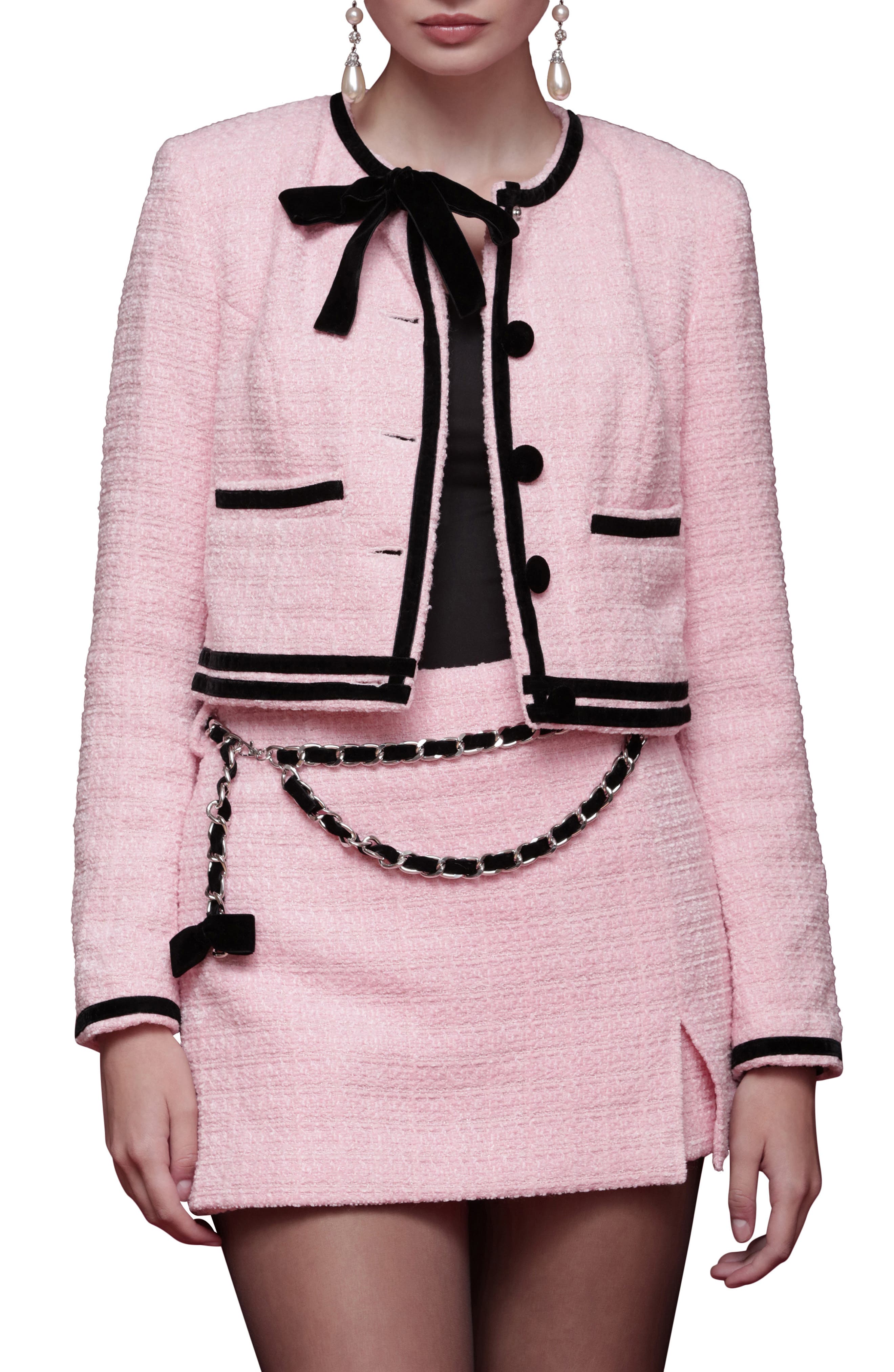 Avec Les Filles Tweed Crop Bow Trim Jacket
