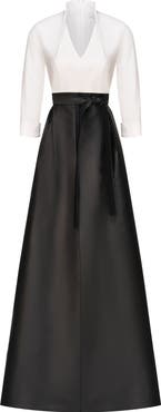 Kay Unger Sharon Tie Belt Three-Quarter Sleeve Satin Maxi Jumpsuit