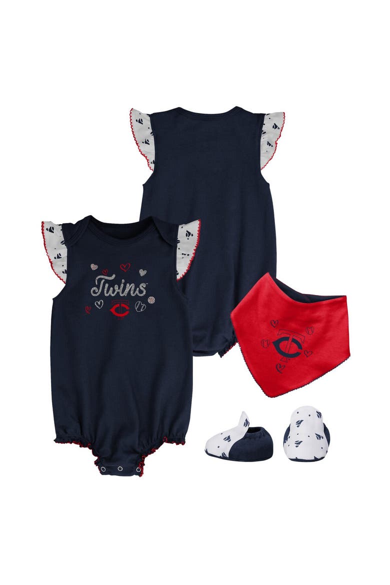 Girls Newborn & Infant Navy Minnesota Twins 3-Piece Home Plate Bodysuit Bib & Booties Set, Main, color, Navy