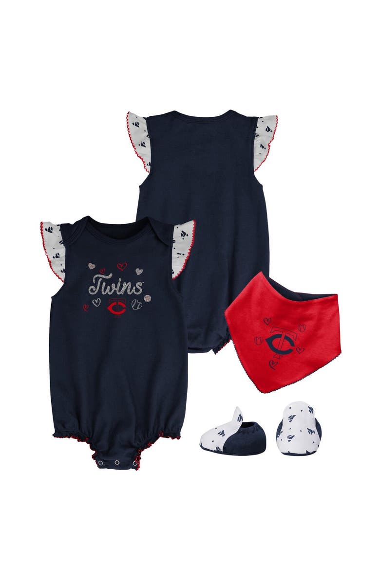 Outerstuff Girls Newborn & Infant Navy Minnesota Twins 3-Piece Home Plate Bodysuit Bib & Booties Set, Main, color,