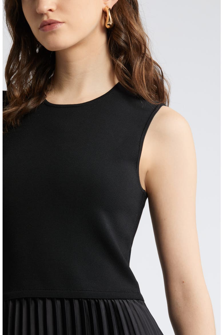 Pleated Mixed Media Midi Dress, Alternate, color, BLACK