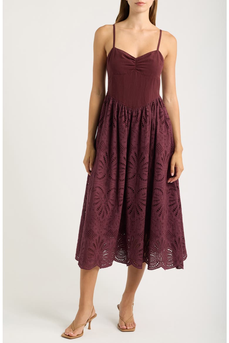 Eyelet Scallop Sleeveless Midi Dress, Main, color, WINE