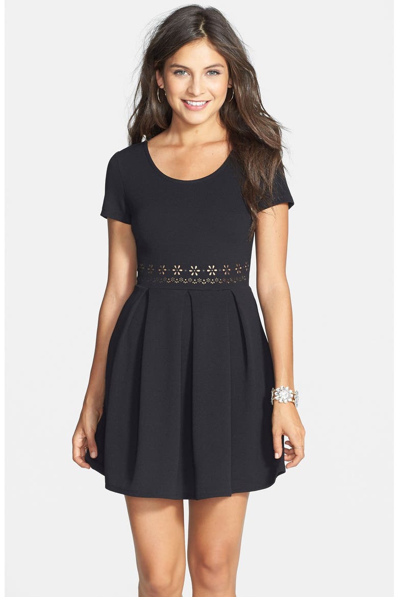 Laser Cut Skater Dress, Main, color, BLACK