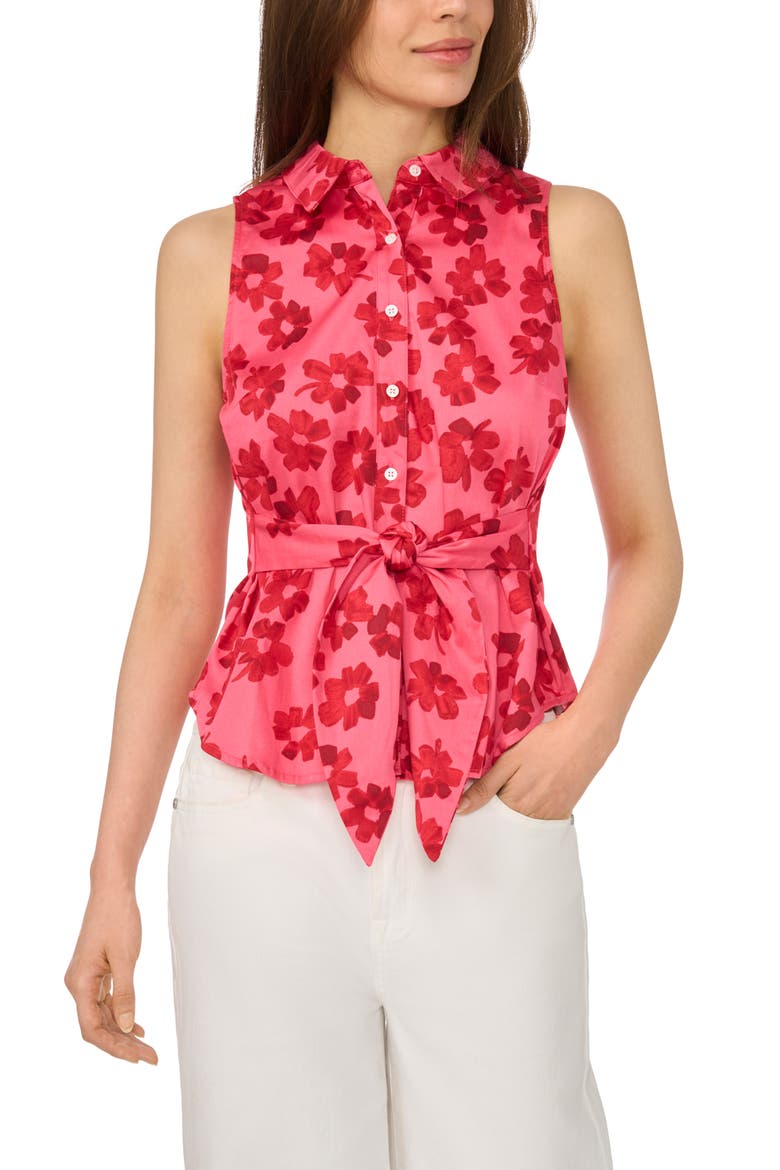 Floral Tie Waist Sleeveless Stretch Cotton Button-Up Shirt, Main, color, CLASSIC CHERRY