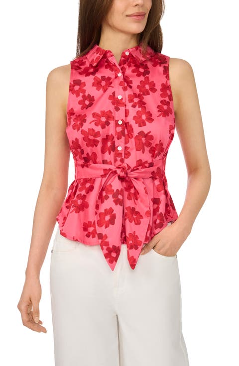 Floral Tie Waist Sleeveless Stretch Cotton Button-Up Shirt