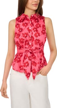 CeCe Floral Tie Waist Sleeveless Stretch Cotton Button-Up Shirt