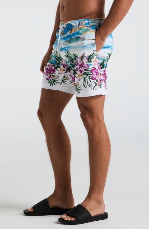 Original Penguin 7 Volley All Over Print Hibiscus Scene Swim Trunk In Bright White