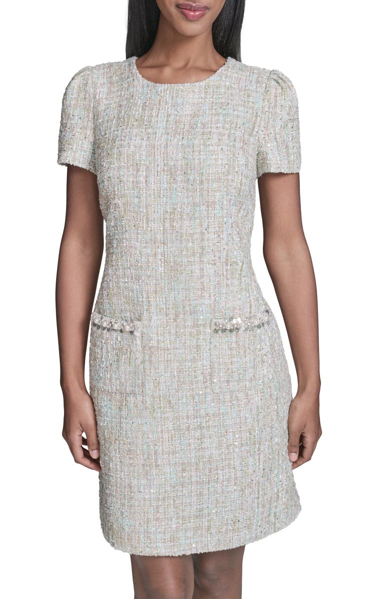 KARL LAGERFELD Sequin Tweed Sheath Dress, Alternate, color, Tea Green Multi