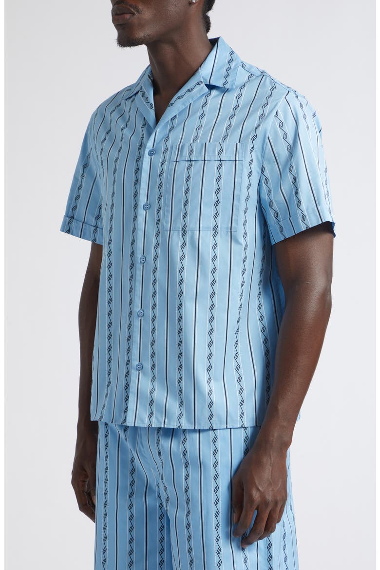 Stripe Greca Jacquard Short Sleeve Button-Up Shirt, Alternate, color, BRIGHT AVIO BLACK
