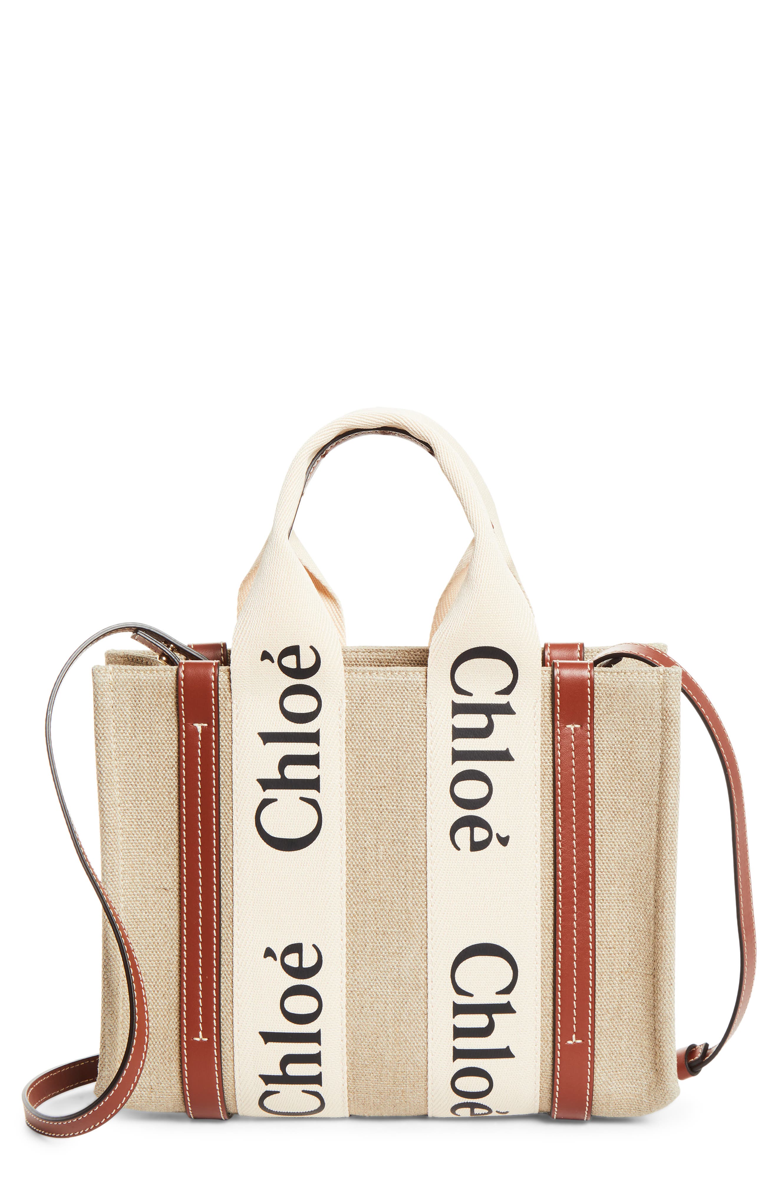 Chloé Small Woody Logo Strap Linen Tote, Main, color, White - Brown