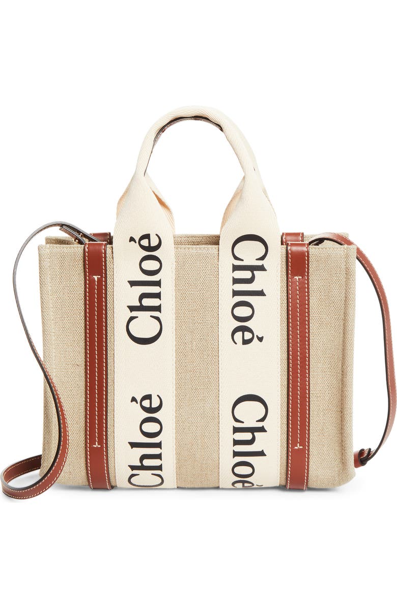 Chloé Small Woody Logo Strap Linen Tote, Main, color, White - Brown