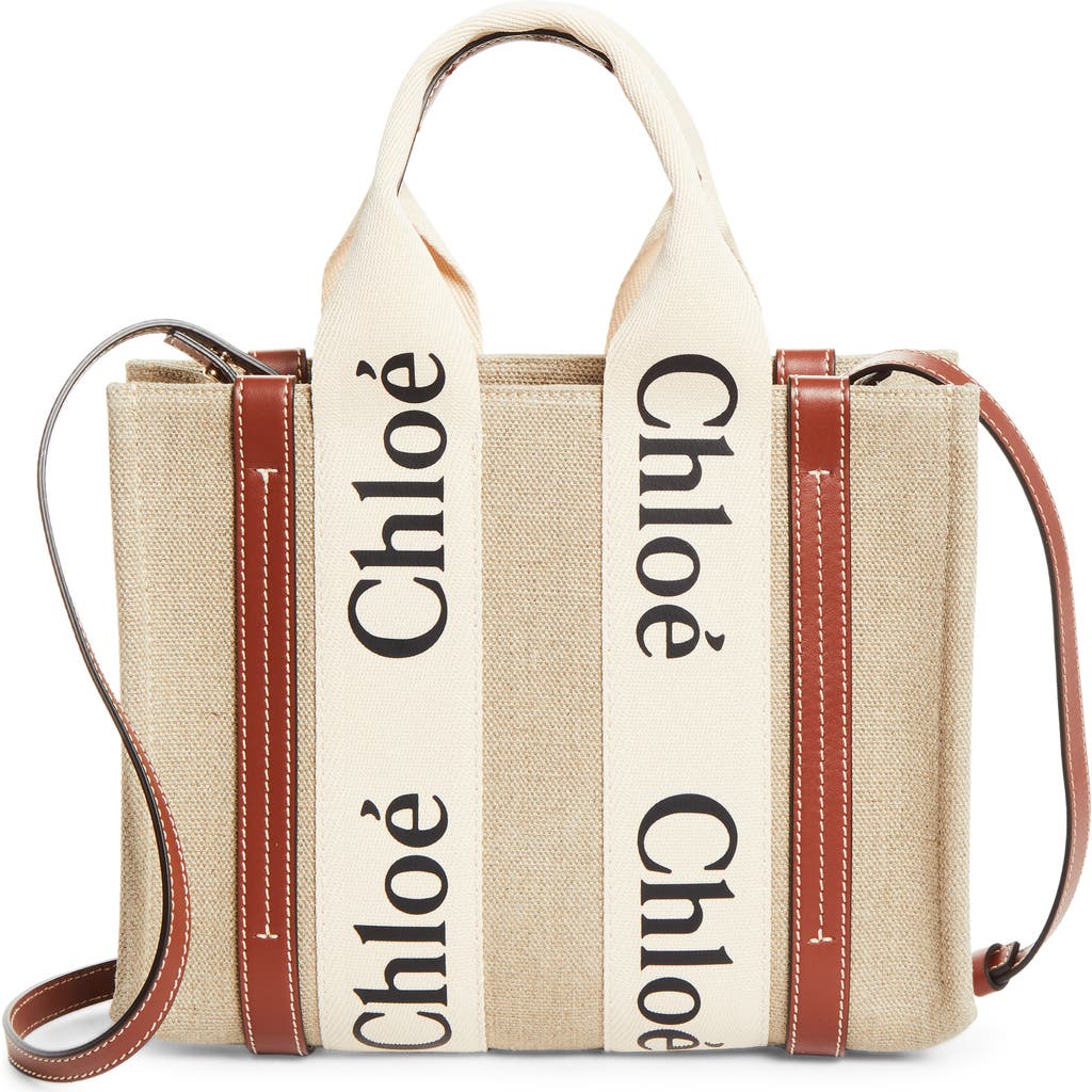 Chloé Small Woody Logo Strap Linen Tote in White - Brown at Nordstrom