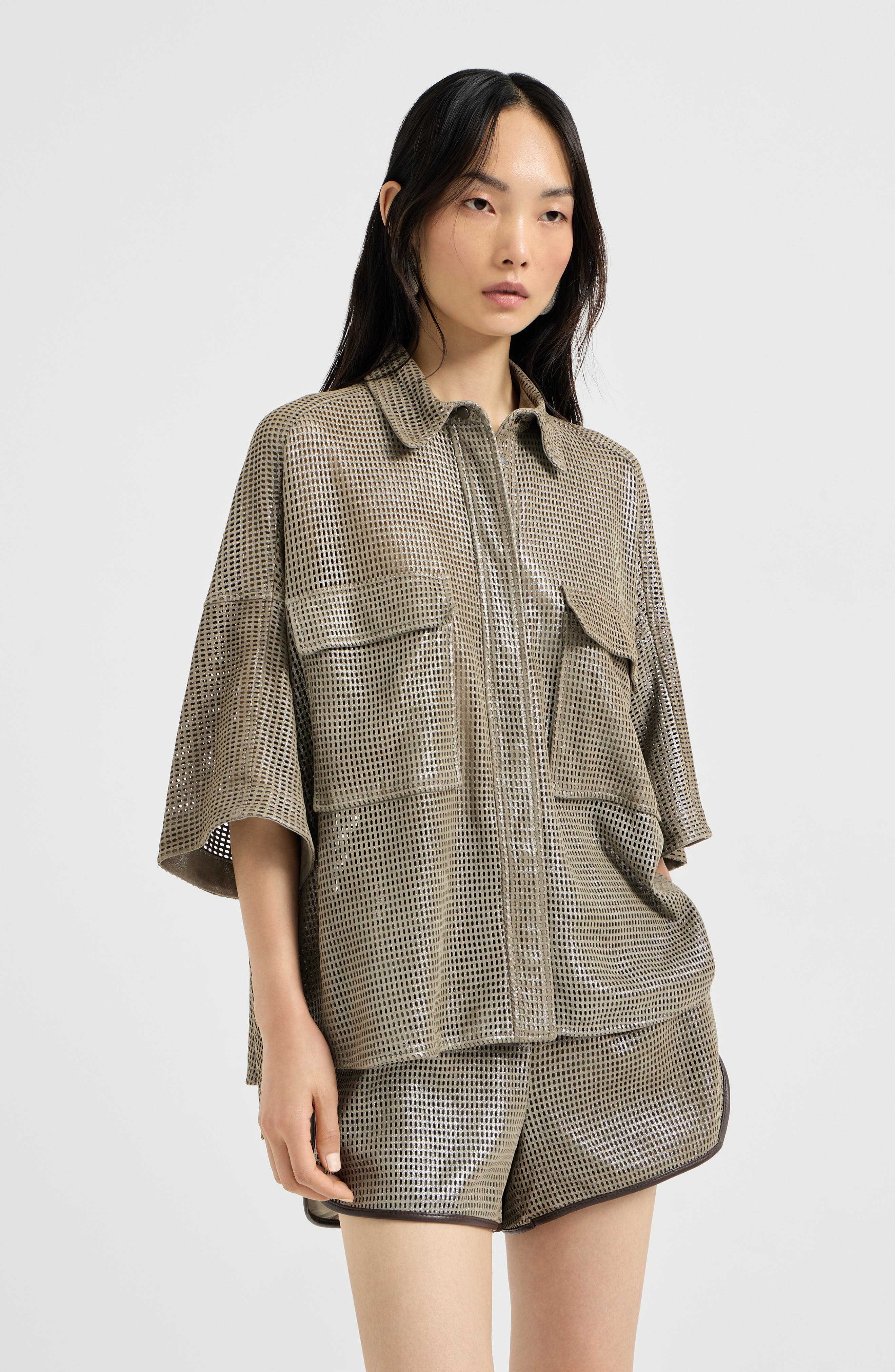 Sparkling leather net shirt