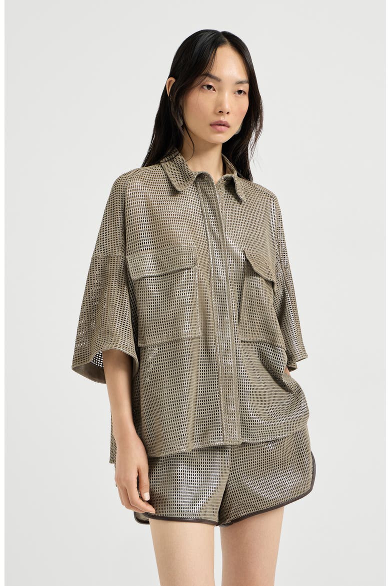 Sparkling leather net shirt, Main, color, Khaki