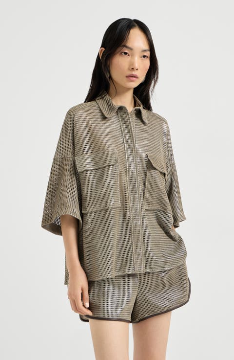 Sparkling leather net shirt