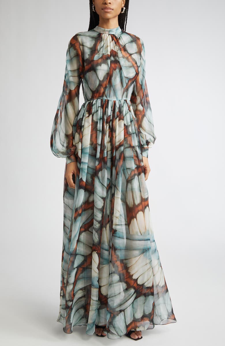 Oscar de la Renta Butterfly Print Long Sleeve Silk Chiffon Gown, Main, color, Blue Multi