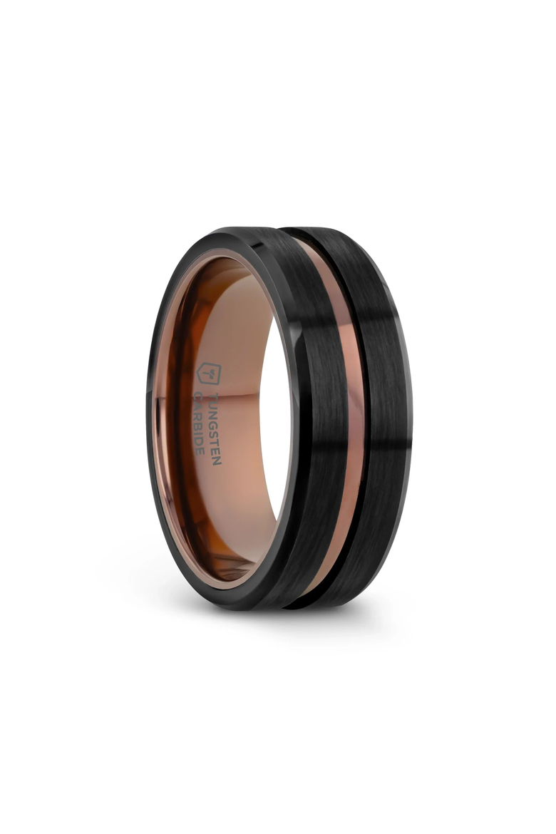 Nevan Flat Brushed Tungsten Wedding Band, Main, color, Black / Espresso